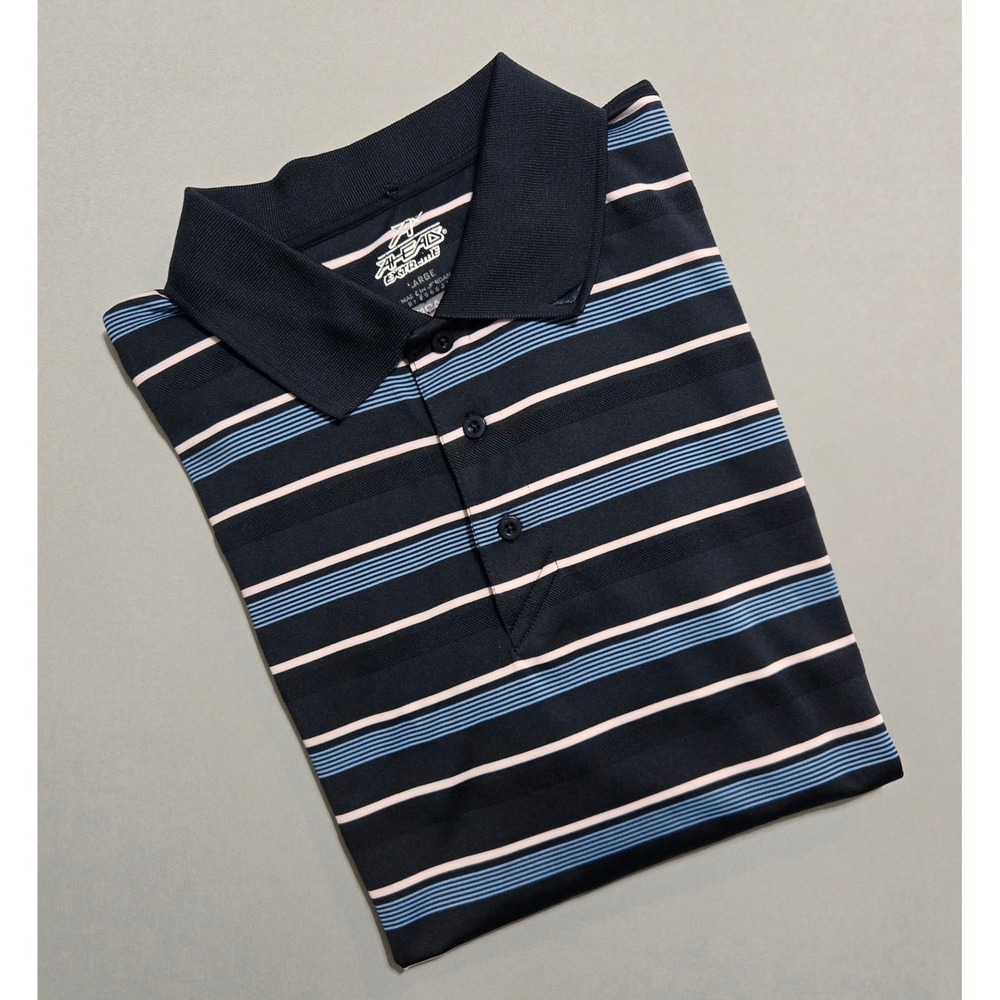 Mens Golf Polo Shirt Large Navy Blue Striped Performance Short Sleeve Casual